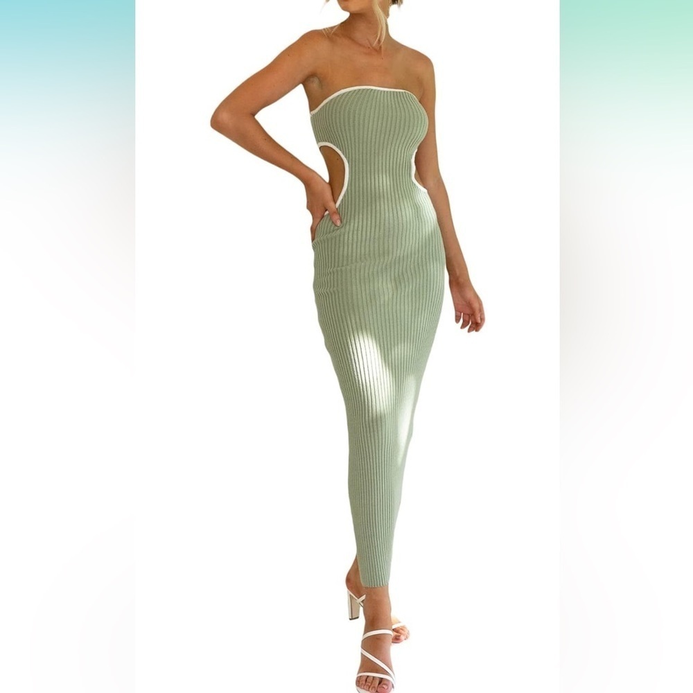 Knit Sleeveless Bodycon Strapless Side Cut Out Contrast Color Tube dress
8075